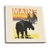 Lantern Press - Maine - Moose at Dawn Woodblock  Ceramic Coasters